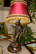 A BRONZE FIGURE OF A YOUNG MAN, mounted onto a wooden plinth, with lamp fittings and shade