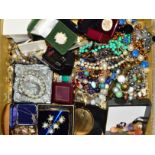 A BOX OF COSTUME JEWELLERY to include a green oval Wedgwood pendant with maker's box, a broken early