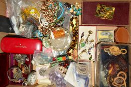 BOX OF COSTUME JEWELLERY, etc including hair combs, bead necklaces, enamel badges, pens etc