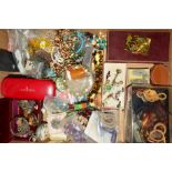 BOX OF COSTUME JEWELLERY, etc including hair combs, bead necklaces, enamel badges, pens etc