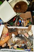 THREE BOXES OF SUNDRY ITEMS, to include fur hat, beer pump handles, plastic display bra stand 'Affix