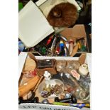THREE BOXES OF SUNDRY ITEMS, to include fur hat, beer pump handles, plastic display bra stand 'Affix