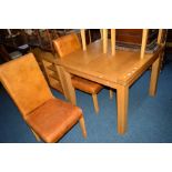 A LIGHT OAK EXTENDING DINING TABLE, 100cm squared x height 78cm, four leather chairs and an oak side