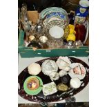 A BOX AND LOOSE CERAMICS, GLASS, SUNDRY ITEMS etc, to include Wedgwood, Aynsley, Coalport, Old