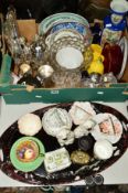 A BOX AND LOOSE CERAMICS, GLASS, SUNDRY ITEMS etc, to include Wedgwood, Aynsley, Coalport, Old