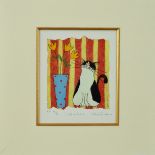 HELEN RHODES, 'LOST IN LOVE', a whimsical cat and a vase of flowers, an artist proof print 34/50,