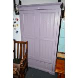 A PURPLE PAINTED TWO DOOR WARDROBE with a single drawer to the base together with a modern swivel