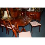 A MODERN MAHOGANY TWIN PEDESTAL DINING TABLE, six chairs, a matching sideboard, width 176cm and a