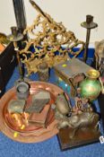 A GROUP OF METALWARES etc, to include bronzed oriental figure group of man on an ox, on a plinth,