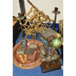 A GROUP OF METALWARES etc, to include bronzed oriental figure group of man on an ox, on a plinth,