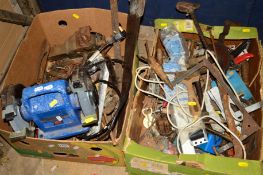 TWO BOXES OF VARIOUS TOOLS including a vice, clamp, saws and a Draper bench grinder (2)