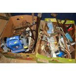 TWO BOXES OF VARIOUS TOOLS including a vice, clamp, saws and a Draper bench grinder (2)