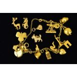 A CHARM MID TO LATE 20TH CENTURY CHARM BRACELET, trace link chain, together with fifteen assorted