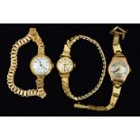 THREE WATCHES, the first a 9ct gold watch with circular head, the white face with Arabic numerals,