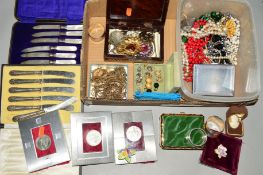 A BOX OF MAINLY COSTUME JEWELLERY to include a Stratton trinket box, a Ronson lighter, two cased