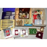 A BOX OF MAINLY COSTUME JEWELLERY to include a Stratton trinket box, a Ronson lighter, two cased