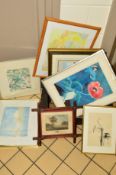 A BOX OF PICTURES AND PRINTS to include a pair of Mary Fenoughty watercolours, depicting flowers