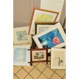 A BOX OF PICTURES AND PRINTS to include a pair of Mary Fenoughty watercolours, depicting flowers