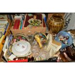 THREE BOXES AND LOOSE CERAMICS, GLASS, DIE-CAST VEHICLES, MAPS etc to include Limoges trinkets,