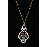 AN EDWARDIAN STYLE WHITE ENAMEL, BLUE TOPAZ AND SEED PEARL PENDANT, together with a fine trace