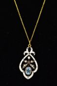 AN EDWARDIAN STYLE WHITE ENAMEL, BLUE TOPAZ AND SEED PEARL PENDANT, together with a fine trace