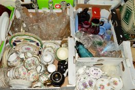THREE BOXES AND LOOSE GLASSWARES, CERAMICS etc, to include cut glass decanters, Nao figure, Blue
