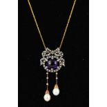 AN EDWARDIAN STYLE AMETHYST, DIAMOND SIMULATED PEARL AND CULTURED FRESH WATER PEARL FANCY SCROLL