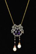 AN EDWARDIAN STYLE AMETHYST, DIAMOND SIMULATED PEARL AND CULTURED FRESH WATER PEARL FANCY SCROLL