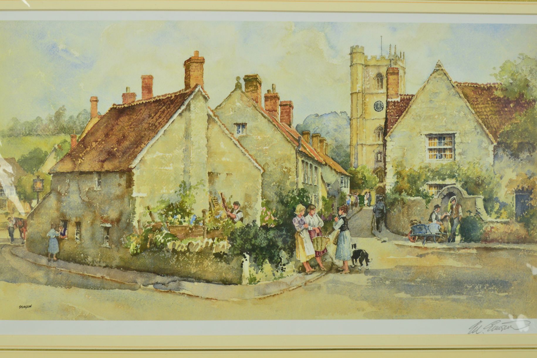 ERIC STURGEON, a signed print print of a village scene, mounted, unframed, approximate size 26cm x - Image 2 of 3