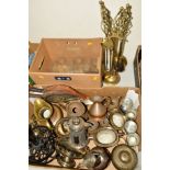 TWO BOXES AND LOOSE METALWARES, GLASSWARES etc, to include graduating jugs, bellows etc