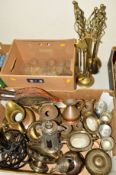 TWO BOXES AND LOOSE METALWARES, GLASSWARES etc, to include graduating jugs, bellows etc