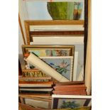 A BOX AND LOOSE PICTURES AND PRINTS ETC, to include a watercolour of a lake surrounded by hills,