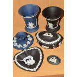SIX PIECES WEDGWOOD JASPERWARES to include black and blue (one vase restored rim) (6)