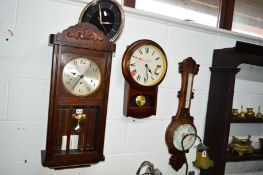 AN EARLY 20TH CENTURY OAK WALL CLOCK, an oak barometer marked E Roberts, Rochdale and two other