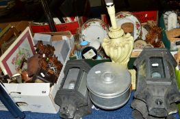 TWO BOXES AND LOOSE SUNDRY/CERAMIC ITEMS, to include Kaiser cuckoo clock (no weights), a Ferranti