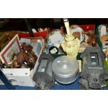 TWO BOXES AND LOOSE SUNDRY/CERAMIC ITEMS, to include Kaiser cuckoo clock (no weights), a Ferranti