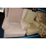 TWO SIMILAR UPHOLSTERED WINGED BACK ARMCHAIRS and a painted wicker stool (3)