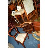 AN OAK CIRCULAR TOPPED DINING TABLE, together with three various Victorian chairs, an Edwardian