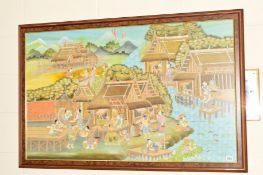AN ASIAN PAINTING DEPICTING LIFE IN A VILLAGE, figures in traditional dress are engaged in