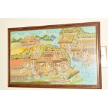 AN ASIAN PAINTING DEPICTING LIFE IN A VILLAGE, figures in traditional dress are engaged in