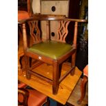 A GEORGIAN MAHOGANY CORNER CHAIR with pierced back together with another Georgian chair and an oak