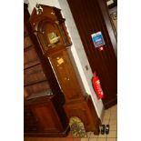 A TALL EARLY 20TH CENTURY GEORGE III STYLE EIGHT DAY LONGCASE CLOCK, the brass dial with Roman