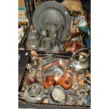 TWO BOXES OF METALWARE, PEWTER etc, to include plated spirit kettle and stand, pocket watch stands/