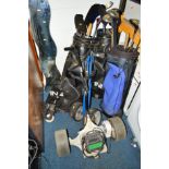 THREE BAGS OF GOLF CLUBS CONTAINING VARIOUS CLUBS together with an electric golf trolley and two