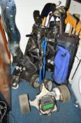 THREE BAGS OF GOLF CLUBS CONTAINING VARIOUS CLUBS together with an electric golf trolley and two