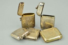 FIVE LATE 19TH TO EARLY 20TH CENTURY SILVER VESTA CASES, all of rectangular outlines, one with