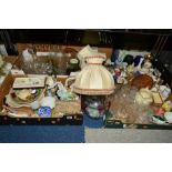 FOUR BOXES AND LOOSE ORNAMENTS, GLASSWARES, TABLE LAMPS etc