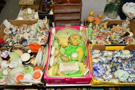 FIVE BOXES OF VARIOUS ORNAMENTS, TABLEWARES etc, to include Delft, Carltonware, Masons, Royal