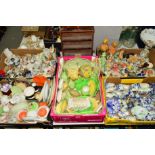 FIVE BOXES OF VARIOUS ORNAMENTS, TABLEWARES etc, to include Delft, Carltonware, Masons, Royal