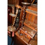 A SMALL OAK STOOL, two oak smokers stands and a carved oak corner console table base (no top) (4)